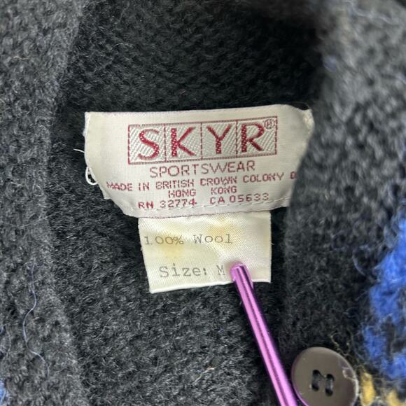 Vintage Plaid Wool Cardigan Sweater Medium 80s Womens Warm Blue Black Yellow - Picture 8 of 13